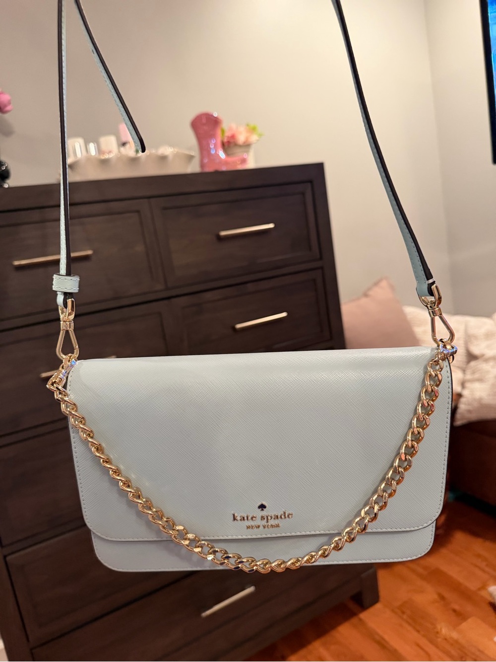 kate spade pale blue crossbody with gold chain
